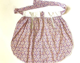 Apron, Vintage 1950's, Cotton Muslim Fabric, Purple, Pink, Orange Flowers, Keyhole Pockets, Floral Linen Kitchen Decor
