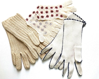 Vintage Gloves, Knit, Crochet, Ivory, White, Beige, Blue, Red Flowers, 1940's, 1950's, Costume, Fashion, 3 Pairs