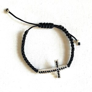 Cross Bracelet, Silver Metal & Rhinestone, Macrame Black Satin Nylon Cord, Christian Religious Spiritual Jewelry