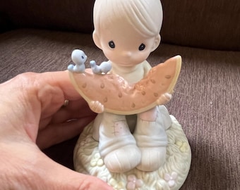 Vintage 1997 Precious Moments Water-Meloncholy Days Without You Figurine, Porcelain, 1990s Enesco #521515, Watermelon, Children's Decor