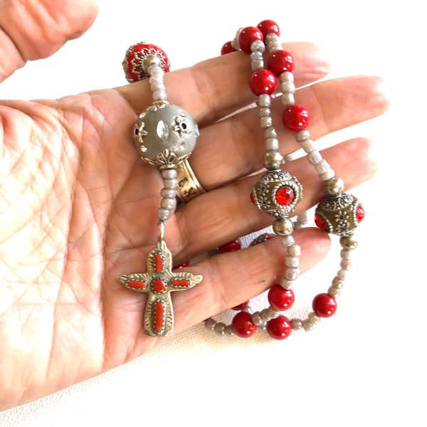 Prayer Beads, Anglican & Protestant, Rosary, Sterling Silver Cross Pendant, Red, Gray, Christian Spiritual Religious Life