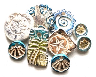 Beach Pendants, Ceramic White, Blue, Brown, Palm Tree, Sand Dollar, Starfish, Shells, Coastal Nautical Tropical Jewelry, Decor,  Set of  9
