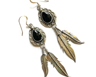 Vintage 1980s Signed Navajo Earrings Albert Payton, Sterling Silver, Black Onyx Gemstone, Old Pawn Southwestern Native American Jewelry, Art