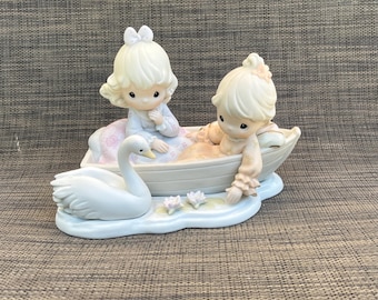 Vintage 1999 Precious Moments Figurine, Sharing Our Time Is So Precious, Swan, Rowboat, Porcelain, 1990s Enesco Limited Edition