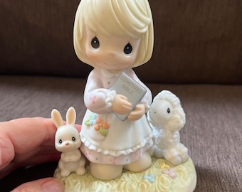 Vintage 2000 Precious Moments Blessed With A Loving Godmother Figurine, Porcelain, Enesco #795348, Lamb, Rabbit, Children's Decor, Gift