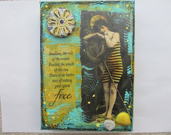 Beach Vintage Bathing Beauty Mixed Media Coastal Decor Painting