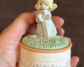 Vintage 1990 Precious Moments I Say A Little Prayer Music Box Figurine, Plastic, Cross, Christian Religious Spiritual Gift, Decor