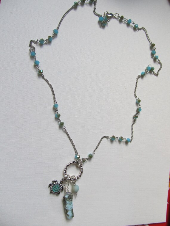 Larimar Stone Blue Pendant Necklace /& Seahorse Earrings Metal Sea Life Charms Beach Cruise Tropical Jewelry Chain Amazonite Beads