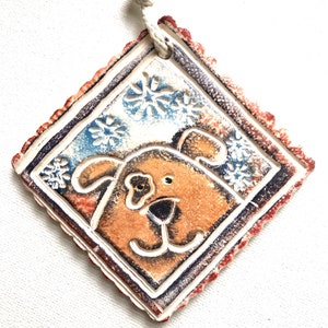Dog Ornament, Rustic Ceramic White & Brown, Snowflakes, Puppy, Pet, Animal, Christmas Art, Decor
