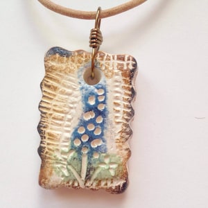Bluebonnet Pendant Necklace, Rustic Ceramic White, Blue & Brown, Adjustable Leather Cord, Texas Southwestern Spring Flower Jewelry