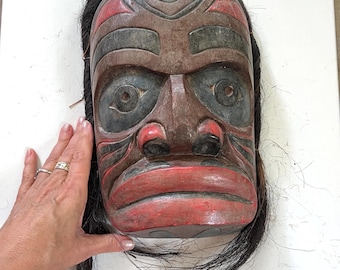 Vintage Primitive Ceremonial Kwakwaka'waku Tribal Mask, Northwest Coast First Nations Native American Tribe, Hand Carved Cedarwood, Art