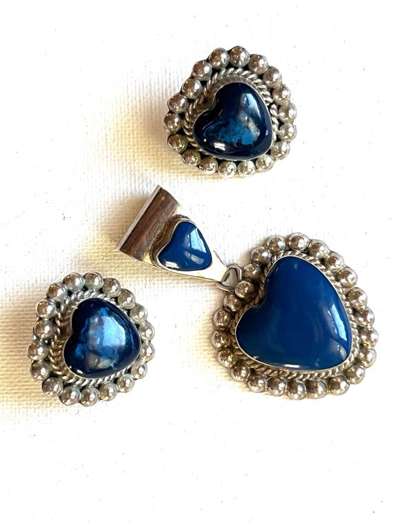 Vintage Heart Taxco Mexican Sterling Silver .925 Blue Lapis Lazuli Earrings & Enamel Pendant, Signed/Marked, 1990s Jewelry