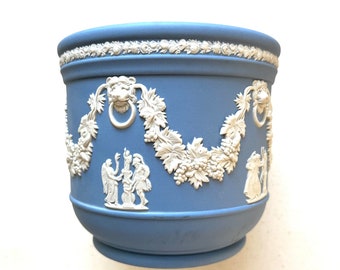 Wedgwood Jasperware, Light Blue Flower Pot/Vase/Cache Pot, Lion Heads, Greek & Roman Classical Motifs/Cameos, Vintage Porcelain Home Decor