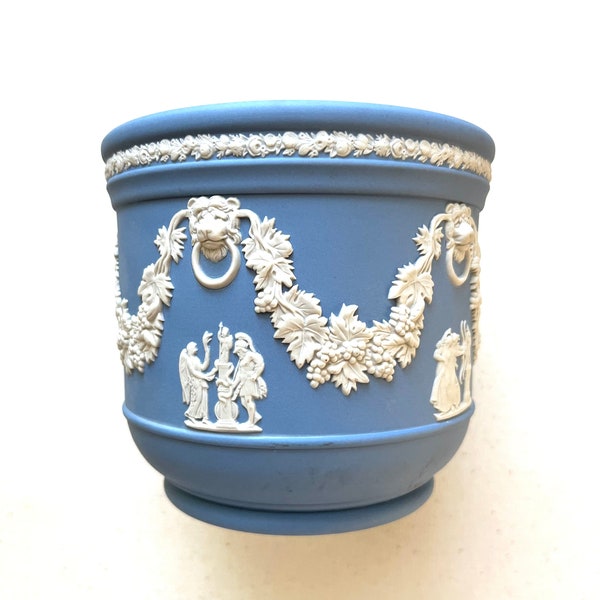 Wedgwood Jasperware, Light Blue Flower Pot/Vase/Cache Pot, Lion Heads, Greek & Roman Classical Motifs/Cameos, Vintage Porcelain Home Decor