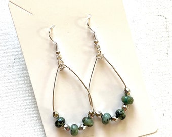 Blue & Silver Dangle Earrings, African Turquoise Beads, Metal Silver Beads, Beaded Wire Hoops, Sterling Silver Ear Hooks, Minimalist Jewelry
