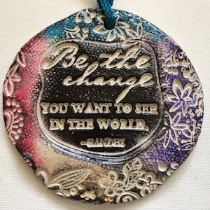 Gandhi Ornament, Rustic Ceramic, Be the Change Quote, White, Black, Purple, Yoga, Boho, Peace, India, World,  Art, Wall Hanging, Decoration