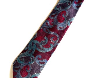 Vintage Necktie/Tie, Geoffrey Beene, 100% Silk, Teal Blue & Wine Red Paisley, 1990s Costume Fashion Accessory