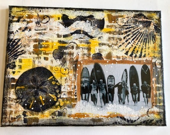 Beach Vintage Surfers Mixed Media & Collage Painting, Canvas, White, Navy Blue, Gold, Brown, Shells, Coastal Tropical Nautical Art, Decor