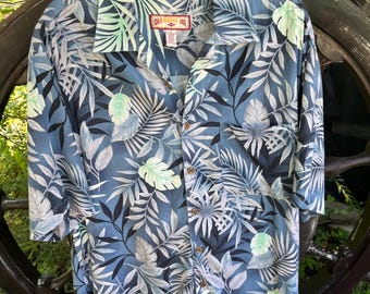Vintage 1990s/2000s Caribbean Joe Men's L/Large Hawaiian Aloha Beach Shirt, Blue Tropical Leaf Plants, Rayon Fabric