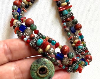 Vintage Hippie Choker Necklace, Beaded, 3 Strand, Multi Color Beads, Boho Jewelry, Accessory, Costume, Fashion