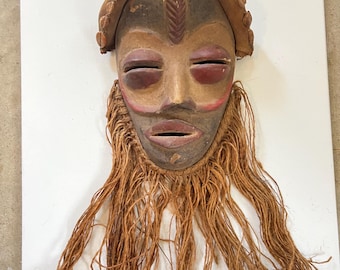 Vintage Primitive Ceremonial Tribal Mask, Dan Tribe, Ivory Coast Africa, Hand Carved Wood, Jute Beard, African Wall Hanging, Art, Decor