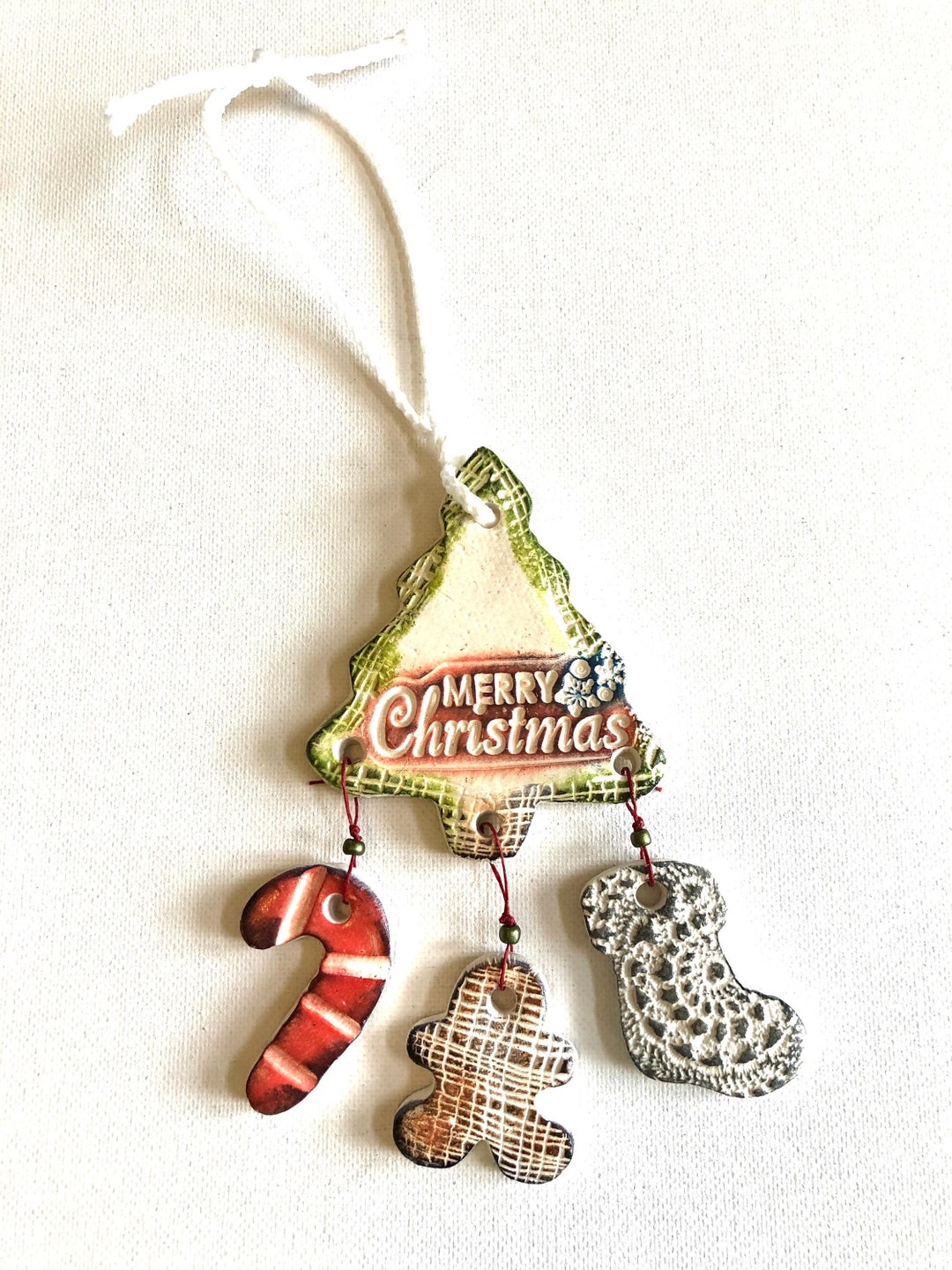 Candy Cane Tree Ornament, Rustic Ceramic White, Green Red, Gray, Brown, Gingerbread, Stocking