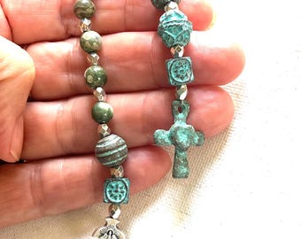 Prayer Beads/Strand, Anglican & Protestant, Mykonos Metal Cross, Beads, Teal Patina, Christian Spiritual Religious