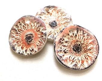 Sunflower Pendants/Gift Tags, Rustic Ceramic White, Brown, Orange, Yellow, Black, Flowers, Floral, Nature, Jewelry, Art, Decor, Set of 3