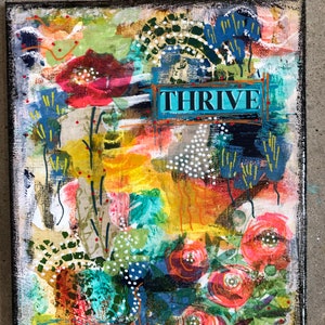 Flower Painting, Mixed Media Collage, Red, Blue, Yellow Green, Rainbow Colors, Thrive, Poppies, Floral Art/Decor