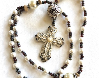 Prayer Beads, Anglican & Protestant, Rosary, Cross Pendant, Ivory, White, Beige, Brown, Celtic, Christian, Spiritual, Religious Life