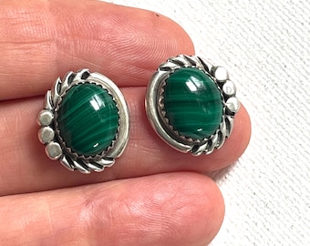1980s Vintage Navajo Malachite Sterling Silver Earrings, Pierced Studs, Rope Border, Green Gemstone, Southwestern Native American Jewelry