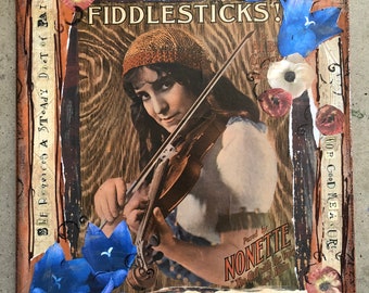 Gypsy Violin Girl, Fiddlesticks 1917 Vintage Sheet Music, Mixed-Media Collage, Painting, Faith, Fancy, Blue, Brown, Flowers, Boho Art, Decor