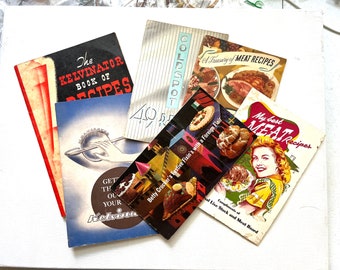 Vintage Cookbooks & Recipe Pamphlets, Betty Crocker, Meat Recipes, Coldspot, Kelvinator, 1940s Kitchen, Ephemera, Art Journal, Lot of 6