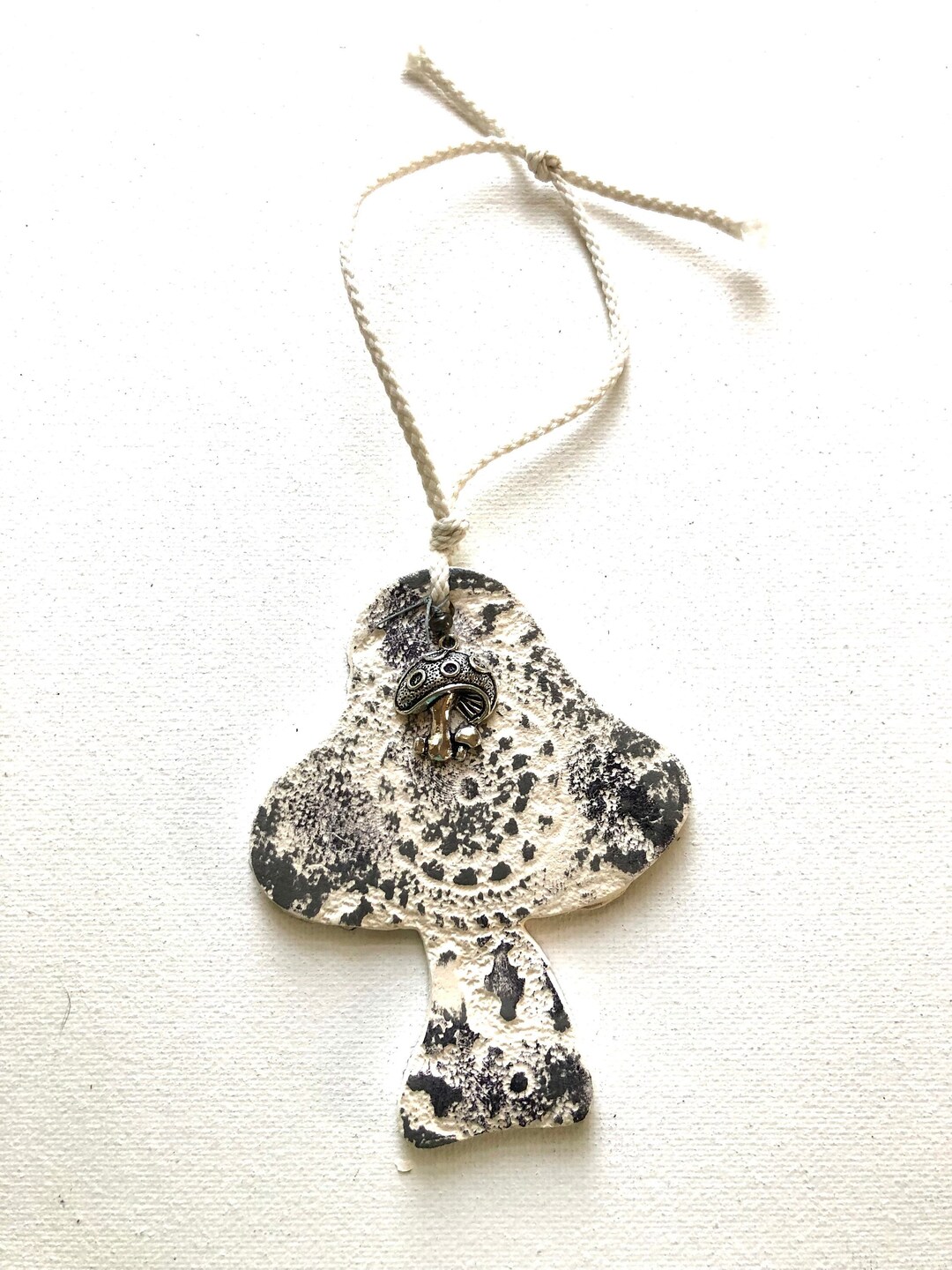 Mushroom Ornament, Rustic White & Gray, Charm, Mandala Boho Art, Decor