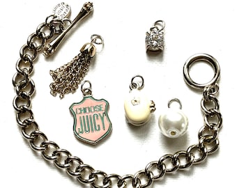 Juicy Couture Charm Bracelet, Vintage 2010 &  5 Charms, Pink Choose Juicy, Rhinestone, Faux Pearl, Costume Jewelry, Lot of 6