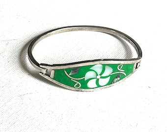 Vintage 1980s Alpaca Silver Hinged Bracelet Bangle, Green Enamel & Abalone, Flowers, Floral Mexican Southwestern Jewelry