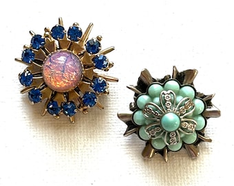 Blue Vintage Brooch/Pin, Rhinestones, Pink Stone, Silver & Gold Tone Metal, Circle, Flower, Floral Costume Jewelry, Lot of 2