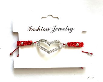 Valentine Heart Macrame Bracelet, Red Nylon Satin Cord, Silver Miyuki Beads, Friendship, Love