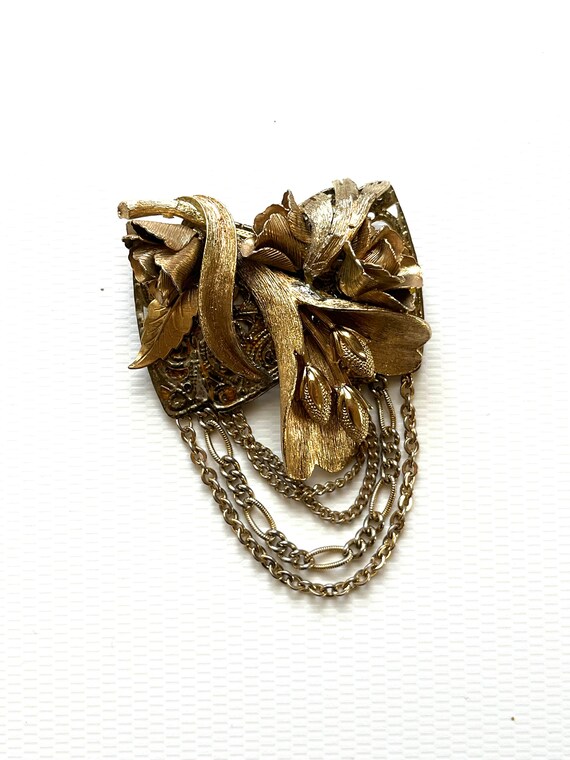 Flower Brooch/Pin, Gold Tone Sautered  Metal, Moth