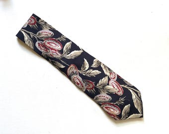 Vintage Don Loper Beverly Hills Necktie/Tie, 100% Italian Silk, Dark Navy Blue, Abstract Floral Design, 1980s Fashion Costume Accessory
