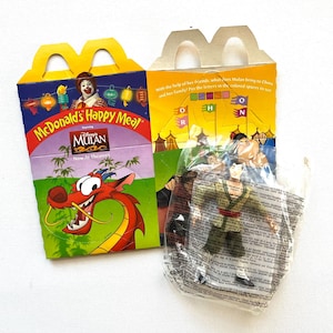 2-pc Mulan McDonald&#39;s Toys, Vintage 1990s Happy Meal Box, Shang-Li Action Figure, Fast Food, Disney Movie