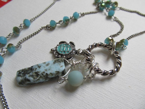 Larimar Stone Blue Pendant Necklace /& Seahorse Earrings Metal Sea Life Charms Beach Cruise Tropical Jewelry Chain Amazonite Beads