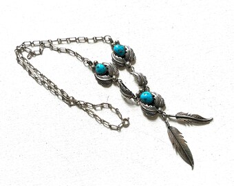 Vintage 1980s Navajo Turquoise Gemstones, Sterling Silver Necklace, Dangling Feathers, Southwestern Native American Jewelry