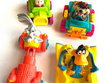 4-pc Looney Toons Quack Up Cars, McDonald's Toys, Vintage 1990s, Bugs, Porky, Taz, Daffy, Fast Food