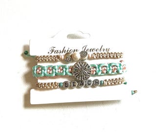 3 pc Beach Bracelets, Macrame Green, Pink, Tan Satin Cord, Sand Dollar, Nautilus Shell & Pearl Bead, Tropical Cruise Jewelry