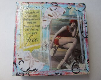 Painting Mixed Media Collage Vintage Bathing Beauty Swimsuit & Sand Dollar Beach Coastal Decor Wall Hanging