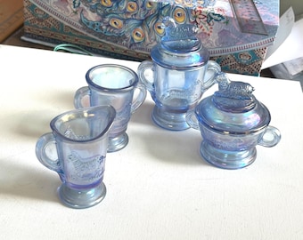 Complete Vintage 1990s Children's Lamb Miniature Glass Tea Set, Boyd's Art, Carnival, Pitcher, Spooner, Sugar Bowl, Butter Dish