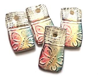 Butterfly Pendants/Gift Tags, Ceramic White, Rainbow Colors, Yellow, Blue, Rectangle, Nature Spring Insect Jewelry, Art, Decor, Set of 4