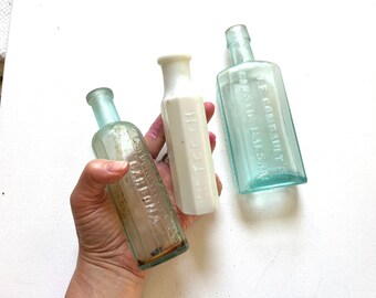 Lot of 3 Vintage 1890s/1900s Glass Bottles, Sanitol Dental/Tooth Paste Milk Glass, Combault's Balsam, Carbona, Pharmacy, Medicine, Household