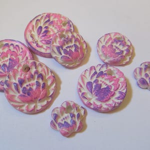 Lotus Flower Rustic Ceramic Pendants/Charms, White, Pink & Purple, Yoga Hippie Boho Jewelry Art Supplies (Set of 8)